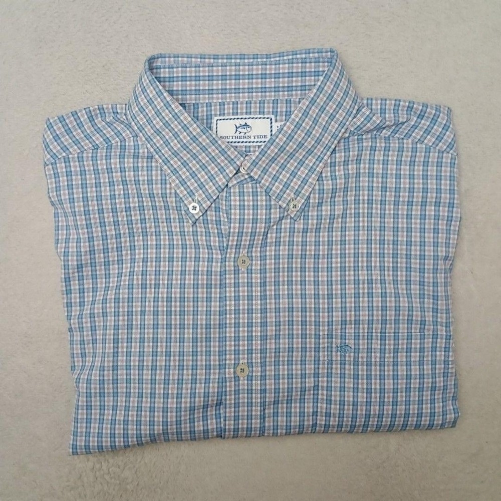 Southern Tide Shirt Mens L Blue Plaid Button-Up Intercoastal Nylon Stretch Work
